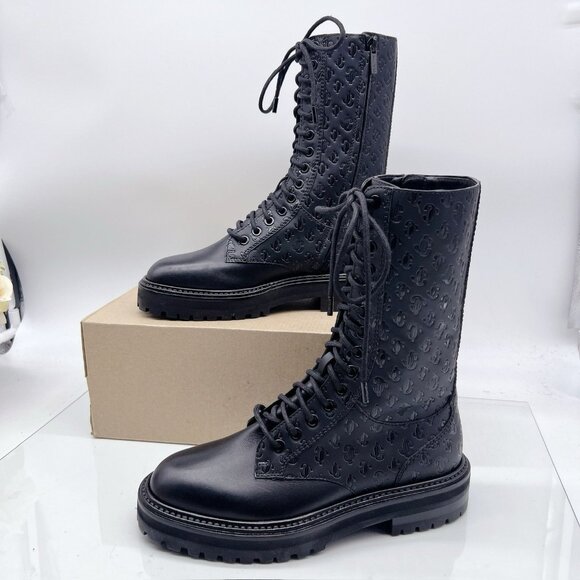 Jimmy Choo Cora Monogram Logo Debossed Combat Boots Black Leather EU 36.5 US 6.5 - Picture 3 of 9